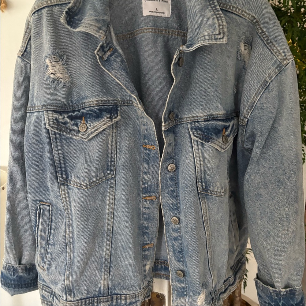Celebrity Pink Light Blue Distressed Jean Jacket
